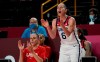 United States' Sue Bird (6) cheers for her teammates from the bench during women's basketball semifinal game between the United States and Serbia at the 2020 Summer Olympics, Friday, Aug. 6, 2021, in Saitama, Japan. (AP Photo/Eric Gay)