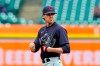FILE - In this April 1, 2021, file photo, Cleveland Indians starting pitcher Shane Bieber looks towards first during the third inning of a baseball game against the Detroit Tigers, in Detroit. Cleveland's ace and the reigning AL Cy Young winner, who has been out with shoulder inflammation, was encouraged after throwing in the outfield Friday, Aug. 6, 2021, and said he wants to get back on the mound this season. (AP Photo/Carlos Osorio, File)