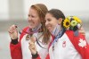 Laurence Vincent-Lapointe, left, and Katie Vincent celebrate after winning the bronze medal in the women’s canoe double 500m finals during summer Tokyo Olympics in Tokyo, Japan on Saturday, August 7, 2021. THE CANADIAN PRESS/Nathan Denette