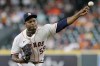 Houston Astros starting pitcher Framber Valdez (59) throws against the Colorado Rockies during the first inning of a baseball game Wednesday, Aug. 11, 2021, in Houston. (AP Photo/Michael Wyke)