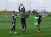 Toronto FC keeper Alex Bono goes for the ball between David Silva (left) and Toronto FC goalkeeping coach Jon Conway (right) during the MLS club's training session in Toronto, Thursday, Aug. 12, 2021. THE CANADIAN PRESS/Neil Davidson