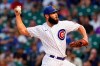 Chicago Cubs starting pitcher Jake Arrieta throws to a Milwaukee Brewers batter during the first inning of a baseball game in Chicago, Wednesday, Aug. 11, 2021. (AP Photo/Nam Y. Huh)