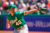 Oakland Athletics starting pitcher Chris Bassitt delivers in the first inning of a baseball game against the Oakland Athletics, Thursday, Aug. 12, 2021, in Cleveland. (AP Photo/Tony Dejak)