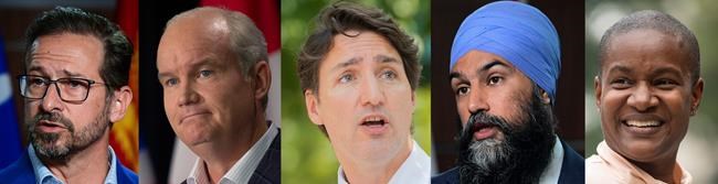 A composite image of five photographs show, from left to right, Bloc Quebecois Leader Yves-Francois Blanchet in Ottawa on Tuesday, June 1, 2021; Conservative Leader Erin O'Toole in St. John's, N.L. on Monday, July 26, 2021; Liberal Leader Justin Trudeau in Montreal, Thursday, Aug. 5, 2021; NDP Leader Jagmeet Singh in Ottawa on Wednesday, June 23, 2021, and Green Leader Annamie Paul in Toronto on Monday, July 19, 2021. THE CANADIAN PRESS/Sean Kilpatrick, Paul Daly, Graham Hughes, Chris Young