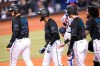 Miami Marlins' Bryan De La Cruz, second from left, is met at the plate by teammates Alex Jackson (23), Brian Anderson (15), and Jorge Alfaro, right, after hitting a grand slam during the second inning of a baseball game against the Chicago Cubs, Friday, Aug. 13, 2021, in Miami. (AP Photo/Lynne Sladky)