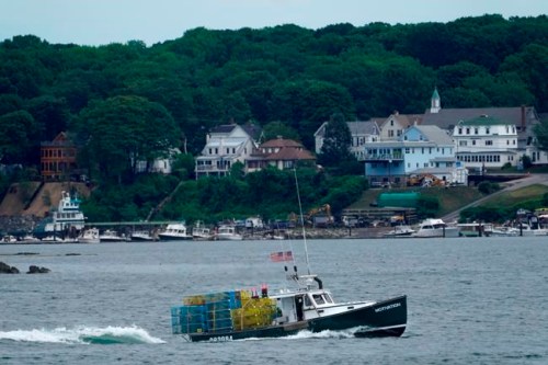 FILE - In this July 8, 2021, file photo, a lobster boat carries a heavy load of traps as it motors out to sea near Peaks Island in Portland, Maine. America's lobster fishing businesses could be subjected to electronic tracking requirements to try to protect rare whales and get a better idea of the population of the valuable crustaceans. (AP Photo/Robert F. Bukaty, File)