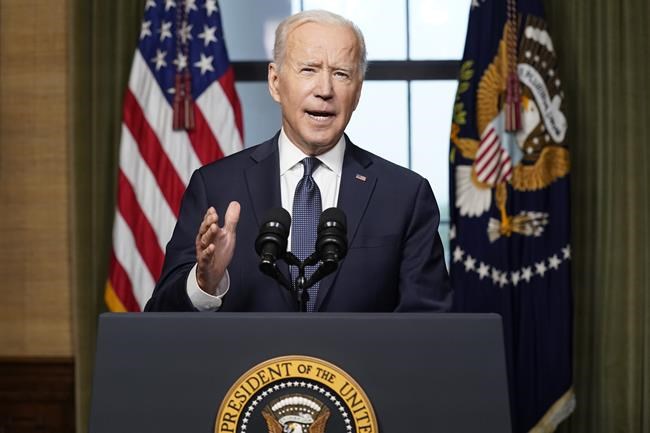 FILE - In this April 14, 2021, file photo President Joe Biden speaks from the Treaty Room in the White House about the withdrawal of the remainder of U.S. troops from Afghanistan. (AP Photo/Andrew Harnik, Pool, File)