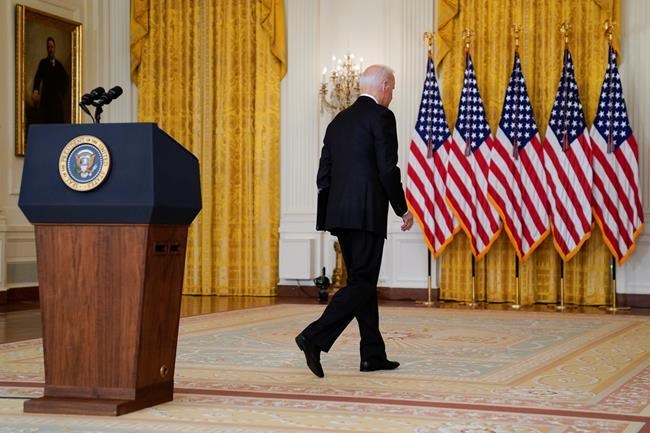President Joe Biden walks from the podium after speaking about Afghanistan from the East Room of the White House, Monday, Aug. 16, 2021, in Washington. (AP Photo/Evan Vucci)