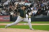 Oakland Athletics starting pitcher Frankie Montas delivers during the first inning of a baseball game against the Chicago White Sox, Monday, Aug. 16, 2021, in Chicago. (AP Photo/Matt Marton)