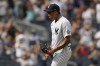 New York Yankees Jonathan Loaisiga reacts after the first baseball game of a doubleheader against the Boston Red Sox, Tuesday, Aug. 17, 2021, in New York. The Yankees won 5-3. (AP Photo/Frank Franklin II)