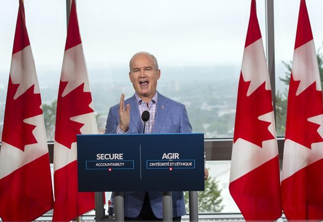 Conservative Leader Erin O'Toole speaks to the media Wednesday, August 18, 2021 in Quebec City. Canadians will vote in a federal election Sept. 20th.THE CANADIAN PRESS/Ryan Remiorz