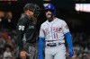 New York Mets' Kevin Pillar (11) talks with home plate umpire Jeremie Rehak (35) after striking out against the San Francisco Giants during the seventh inning of a baseball game Tuesday, Aug. 17, 2021, in San Francisco. (AP Photo/Tony Avelar)
