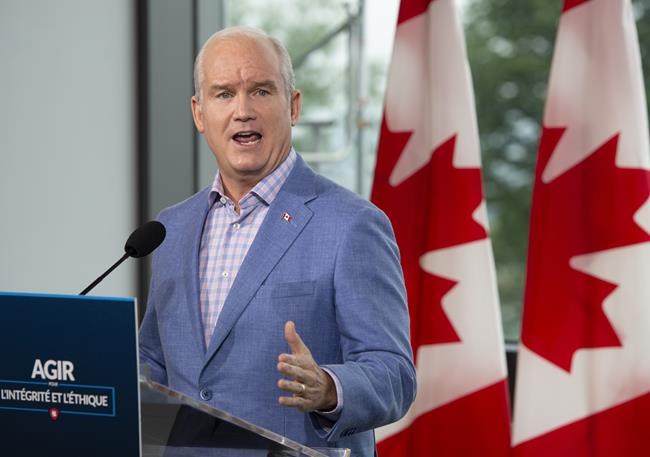 Conservative Leader Erin O'Toole speaks to the media Wednesday, August 18, 2021 in Quebec City. Canadians will vote in a federal election Sept. 20th.THE CANADIAN PRESS/Ryan Remiorz