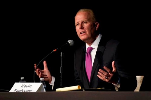 Republican gubernatorial recall candidate, former San Diego Mayor Kevin Faulconer, responds to a question during a debate held by the Sacramento Press Club in Sacramento, Calif., Tuesday, Aug. 17, 2021. Faulconer went after fellow Republican Larry Elder for the first time, blasting some of his past comments regarding women in the workplace and saying they don't represent California's values. He continued the criticism in a Wednesday, Aug. 18, 2021, interview with The Associated Press. (AP Photo/Rich Pedroncelli)