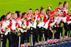 Canada celebrates with their gold medals after defeating Sweden in the penalty shoot-out in the women's soccer final during the summer Tokyo Olympics in Yokohama, Japan on August 6, 2021. THE CANADIAN PRESS/Frank Gunn