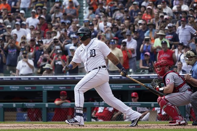 Detroit Tigers' Miguel Cabrera hits a three-run double against the Los Angeles Angels in the second inning of a baseball game in Detroit, Thursday, Aug. 19, 2021. (AP Photo/Paul Sancya)