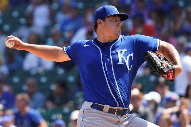 Kansas City Royals starting pitcher Brad Keller throws against the Chicago Cubs in the first inning of a baseball game Friday, Aug. 20, 2021, in Chicago. (AP Photo/Nam Y. Huh)