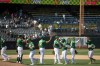 Oakland Athletics players celebrate their victory over the Texas Rangers in a baseball game, Sunday, Aug. 8, 2021, in Oakland, Calif. (AP Photo/D. Ross Cameron)