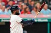 Cleveland Indians' Franmil Reyes watches his two-run single during the sixth inning of a baseball game against the Los Angeles Angels, Friday, Aug. 20, 2021, in Cleveland. (AP Photo/Tony Dejak)