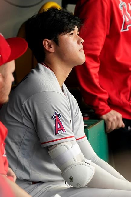 Los Angeles Angels' Shohei Ohtani watches from the dugout during the second inning of the team's baseball game against the Cleveland Indians, Friday, Aug. 20, 2021, in Cleveland. (AP Photo/Tony Dejak)