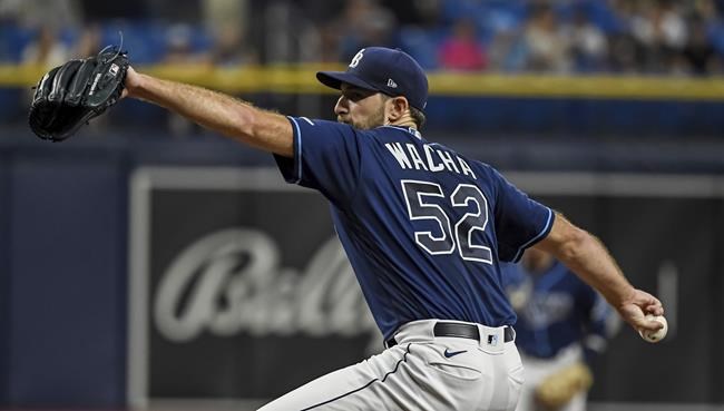 Tampa Bay Rays starter Michael Wacha pitches against the Chicago White Sox during the first inning of a baseball game Friday, Aug. 20, 2021, in St. Petersburg, Fla. (AP Photo/Steve Nesius)
