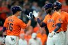 Houston Astros' Yordan Alvarez (44) celebrates with Aledmys Diaz (16) after hitting a two-run home run against the Seattle Mariners during the third inning of a baseball game Friday, Aug. 20, 2021, in Houston. (AP Photo/David J. Phillip)