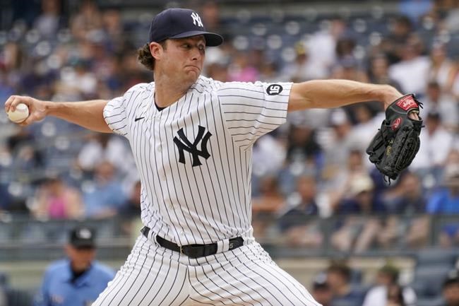 New York Yankees pitcher Gerrit Cole delivers against the Minnesota Twins in the first inning of a baseball game, Saturday, Aug. 21, 2021, in New York. (AP Photo/Mary Altaffer)