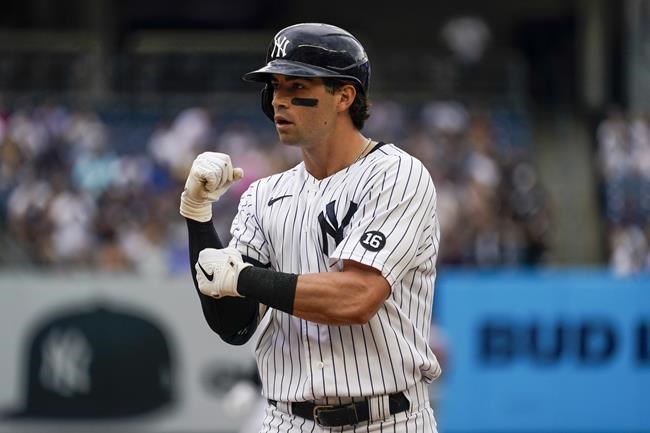 New York Yankees' Tyler Wade reacts after hitting a an RBI-single in the second inning of a baseball game against the Minnesota Twins, Saturday, Aug. 21, 2021, in New York. (AP Photo/Mary Altaffer)