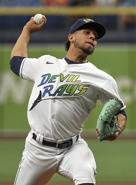 Tampa Bay Rays starter Luis Patino pitches against the Chicago White Sox during the first inning of a baseball game, Saturday, Aug. 21, 2021, in St. Petersburg, Fla. (AP Photo/Steve Nesius)