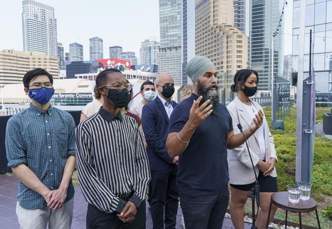 NDP Leader Jagmeet Singh responds to questions during a news conference in Toronto, Saturday, Aug. 21, 2021. THE CANADIAN PRESS/Paul Chiasson