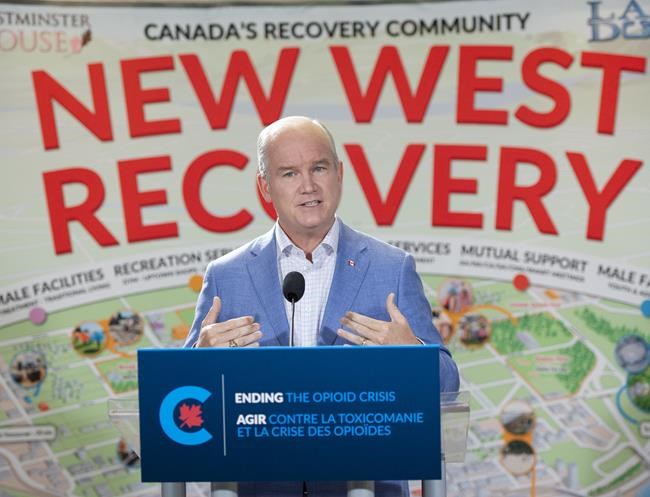 Conservative Leader Erin O'Toole speaks to the media at a drug rehab center Sunday, August 22, 2021 in New Westminster, BC. Canadians will vote in a federal election Sept. 20th. THE CANADIAN PRESS/Ryan Remiorz
