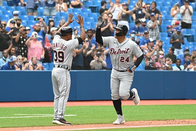 Detroit Tigers' Miguel Cabrera rounds the bases after hitting his 500th career home run in the 6th inning against the Toronto Blue Jays during an American League baseball game in Toronto on Sunday, Aug. 22, 2021. THE CANADIAN PRESS/Jon Blacker