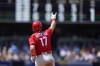 Philadelphia Phillies' Rhys Hoskins reacts after hitting a home run during the fifth inning of a baseball game against the San Diego Padres, Sunday, Aug. 22, 2021, in San Diego. (AP Photo/Gregory Bull)
