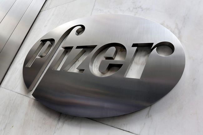 FILE - This Dec. 4, 2017, file photo shows the Pfizer company logo at the company's headquarters in New York. THE CANADIAN PRESS/AP-Richard Drewm Fuke