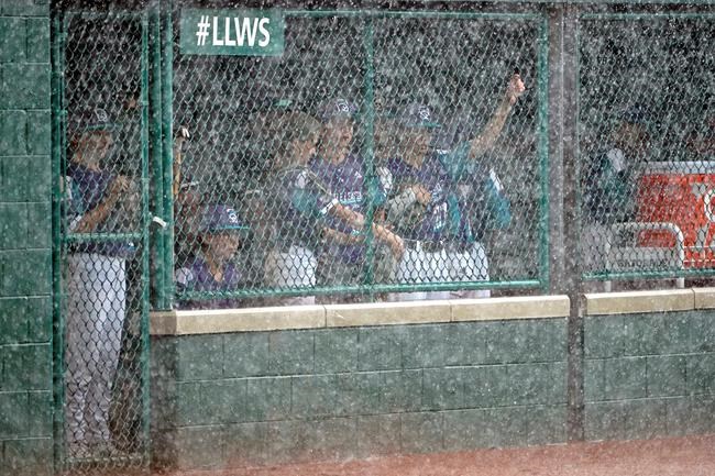 The members of the Abilene, Texas team are seen in the dugout during a rain delay in the bottom of the first inning against Taylor, Mich. during a baseball game at the Little League World Series tournament in South Williamsport, Pa., Monday, Aug. 23, 2021. (AP Photo/Tom E. Puskar)