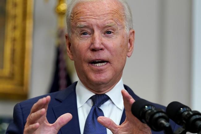 President Joe Biden speaks about the situation in Afghanistan in the Roosevelt Room of the White House, Sunday, Aug. 22, 2021, in Washington. (AP Photo/Manuel Balce Ceneta)