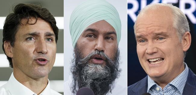 This composite image, made of three photographs show, from left to right, Liberal Leader Justin Trudeau in Halifax; NDP Leader Jagmeet Singh in Montreal and Conservative Leader Erin O'Toole in Ottawa. Each photograph was taken Monday, Aug. 23, 2021. THE CANADIAN PRESS/Jacques Boissinot, Sean Kilpatrick, Paul Chiasson, Ryan Remiorz