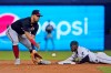 Washington Nationals second base Luis Garcia waits for the throw as Miami Marlins second baseman Jazz Chisholm Jr., steals second base during the third inning of a baseball game Tuesday, Aug. 24, 2021, in Miami. (AP Photo/Wilfredo Lee)