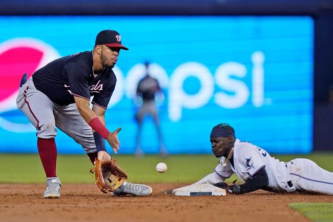 Washington Nationals second base Luis Garcia waits for the throw as Miami Marlins second baseman Jazz Chisholm Jr., steals second base during the third inning of a baseball game Tuesday, Aug. 24, 2021, in Miami. (AP Photo/Wilfredo Lee)