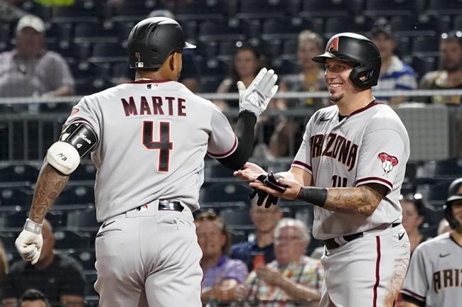 Arizona Diamondbacks' Ketel Marte, left is greeted by Asdrubal Cabrera after hitting a two-run home run against the Pittsburgh Pirates during the eighth inning of a baseball game Tuesday, Aug. 24, 2021, in Pittsburgh. (AP Photo/Keith Srakocic)