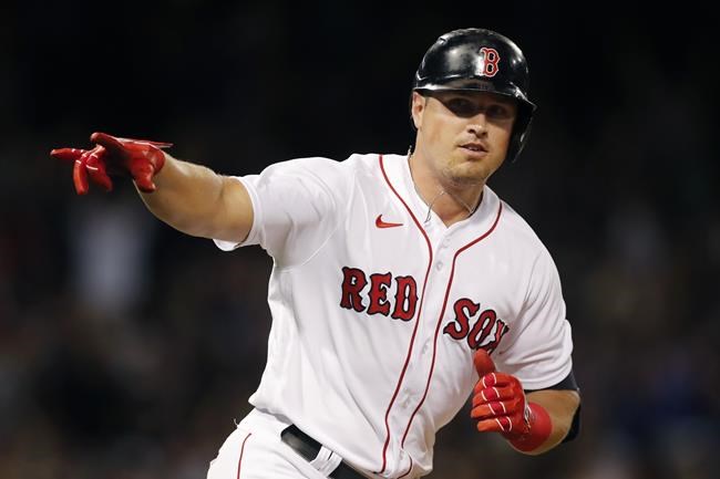 Boston Red Sox's Hunter Renfroe runs on his three-run home run during the fourth inning of a baseball game against the Minnesota Twins, Tuesday, Aug. 24, 2021, in Boston. (AP Photo/Michael Dwyer)