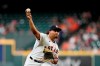 Houston Astros starting pitcher Luis Garcia throws against the Kansas City Royals during the first inning of a baseball game Tuesday, Aug. 24, 2021, in Houston. (AP Photo/David J. Phillip)