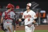 Baltimore Orioles' Ryan Mountcastle (6) reacts to striking out against Los Angeles Angels relief pitcher Junior Guerra during the fourth inning of a baseball game Tuesday, Aug. 24, 2021, in Baltimore. (AP Photo/Terrance Williams)
