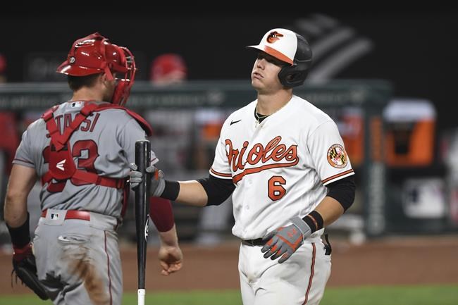 Baltimore Orioles' Ryan Mountcastle (6) reacts to striking out against Los Angeles Angels relief pitcher Junior Guerra during the fourth inning of a baseball game Tuesday, Aug. 24, 2021, in Baltimore. (AP Photo/Terrance Williams)