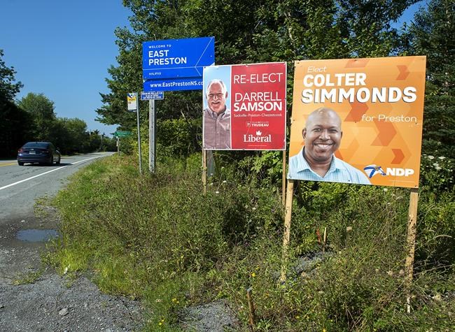 Election campaign signs dot the landscape in East Preston, N.S., on Wednesday, Aug. 25, 2021. The federal Liberals hold most of the 32 seats in Atlantic Canada but pundits are musing that Prime Minister Justin Trudeau's party may have a difficult time maintaining that level of regional support this election. THE CANADIAN PRESS/Andrew Vaughan