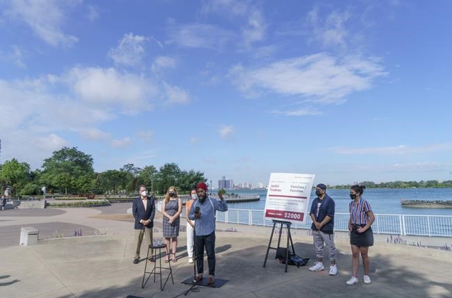 NDP leader Jagmeet Singh responds to a question during a news conference on the waterfront in Windsor, Ontario on Wednesday, August 25, 2021. THE CANADIAN PRESS/Paul Chiasson