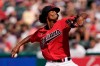 Cleveland Indians starting pitcher Triston McKenzie delivers in the first inning of a baseball game against the Los Angeles Angels, Saturday, Aug. 21, 2021, in Cleveland. (AP Photo/Tony Dejak)