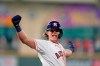 Houston Astros' Jake Meyers celebrates after hitting a walk-off game-winning fielders choice to score Alex Bregman during the 10th inning of a baseball game against the Kansas City Royals Wednesday, Aug. 25, 2021, in Houston. The Astros won 6-5 in 10 innings. (AP Photo/David J. Phillip)