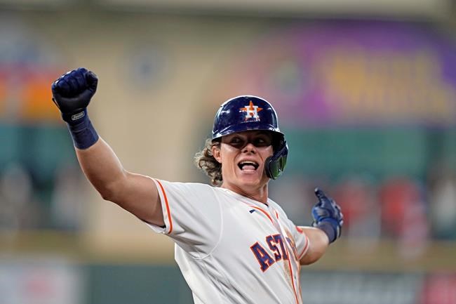 Houston Astros' Jake Meyers celebrates after hitting a walk-off game-winning fielders choice to score Alex Bregman during the 10th inning of a baseball game against the Kansas City Royals Wednesday, Aug. 25, 2021, in Houston. The Astros won 6-5 in 10 innings. (AP Photo/David J. Phillip)