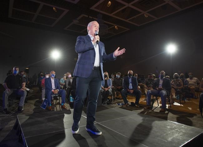 Conservative Leader Erin O'Toole speaks to supporters at a campaign rally Wednesday, August 25, 2021 in Hamilton, Ont. THE CANADIAN PRESS/Ryan Remiorz
